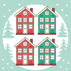 Red and green Christmas houses with snowy background