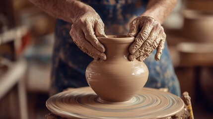 Hands shaping clay on pottery wheel, artistic pottery creation process
