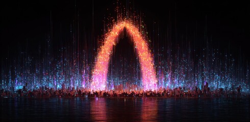 An arch of glowing, pixelated lights rises from a dark, textured ground, forming a gate-like structure with a vibrant display of color