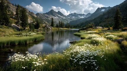 Alpine Lake with Wildflowers and Mountain Range View