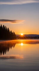 A tranquil sunrise paints the still lake with golden hues, reflecting the vibrant sky above the silhouette of evergreen trees.