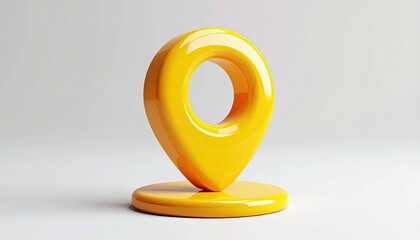 A vibrant yellow, glossy 3D rendered map pin icon stands on a small circular base against a muted white background