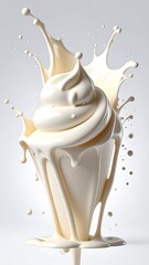 Creamy swirls of vanilla soft-serve in mid-splash, dripping down a cone, against a neutral backdrop
