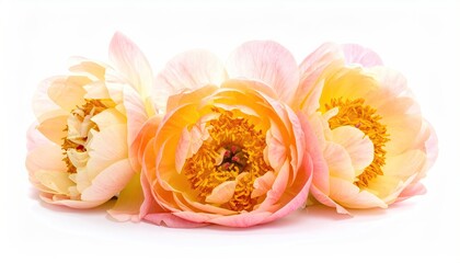 Three pale peach and cream peonies arranged in a gentle curve against a stark white background, showcasing their delicate petals and vibrant centers