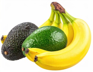 Two avocados, one dark, one light green, nestled beside a bunch of ripe yellow bananas, isolated on white