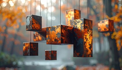 Metallic cubes, burnished orange and black, hang from strings in a blurry autumnal forest background