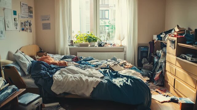 Messy Teenage Bedroom Interior with Unmade Bed, Cluttered Dresser, and Window Light, Depicting Disorganization and Overwhelm