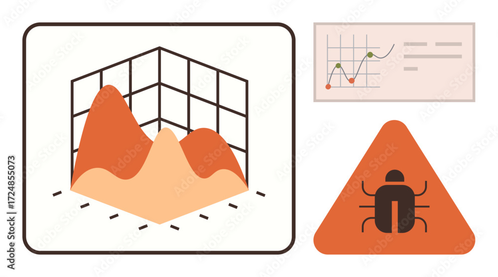 Aufkleber 3d graph visualization alongside bug warning sign and analytics chart for insights and error analysi