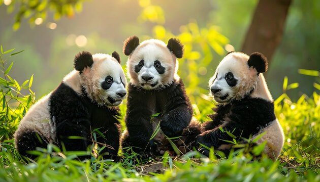 Three panda cubs in a grassy area