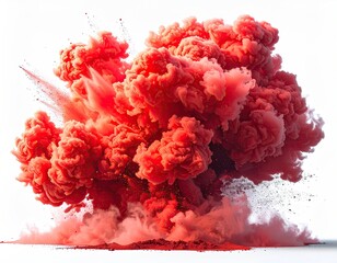 A vibrant red cloud explodes against a stark white background, billowing outwards with textured detail and subtle hints of white and orange