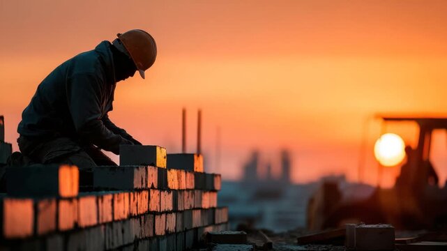 A construction worker lays bricks at sunrise