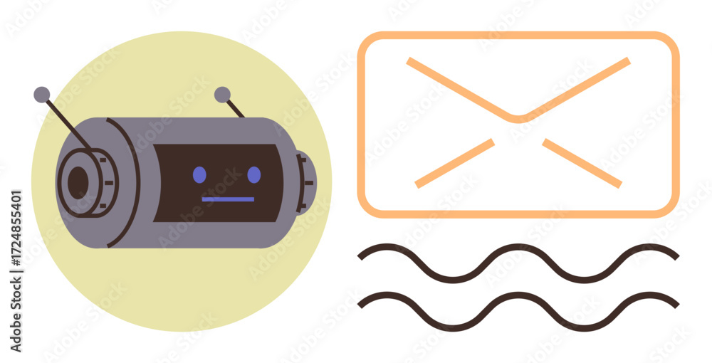 Aufkleber robot head with antennas next to envelope outline and wave lines, representing automation, ai, and m