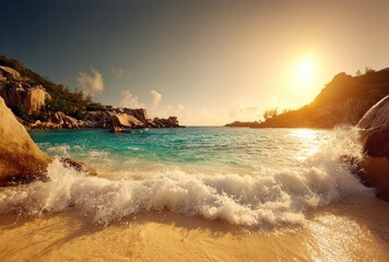 Golden hour on a secluded tropical beach with turquoise water, granite rocks, and lush green foliage under a clear sky, waves gently crashing on the sandy shore