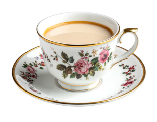 Ornate teacup and saucer with floral design, light-colored beverage