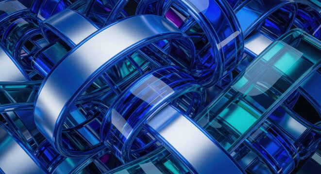 Abstract blue and teal intertwined rings creating a modern artistic composition with reflections