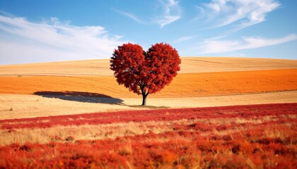 Heart-shaped tree stands amidst colorful fields under a bright sky, radiating love and serenity in a picturesque, romantic landscape
