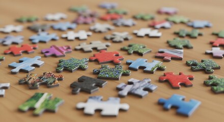 Colorful puzzle pieces scattered across a light-brown wooden surface, showcasing a variety of images, creating a sense of completion and artistry.