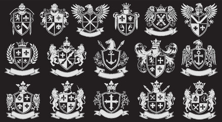 vintage-inspired, hand-drawn vector collection of various heraldic shields and emblems in a classic chalkboard style.