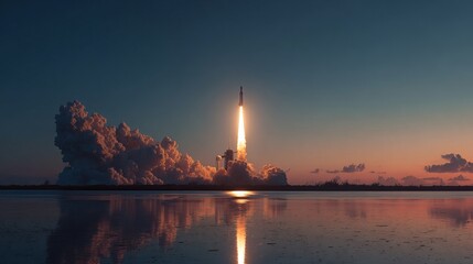 Dramatic rocket launch ignites sky over calm water with fiery clouds reflecting sunrise hues