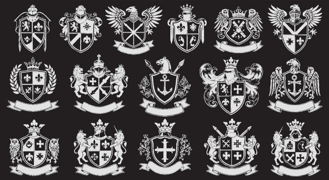 vintage-inspired, hand-drawn vector collection of various heraldic shields and emblems in a classic chalkboard style.