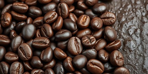 Fototapeta premium Close-up of dark roasted coffee beans, oily surface, uneven texture, caffeine, photography