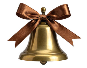 Golden bell adorned with brown ribbon bow