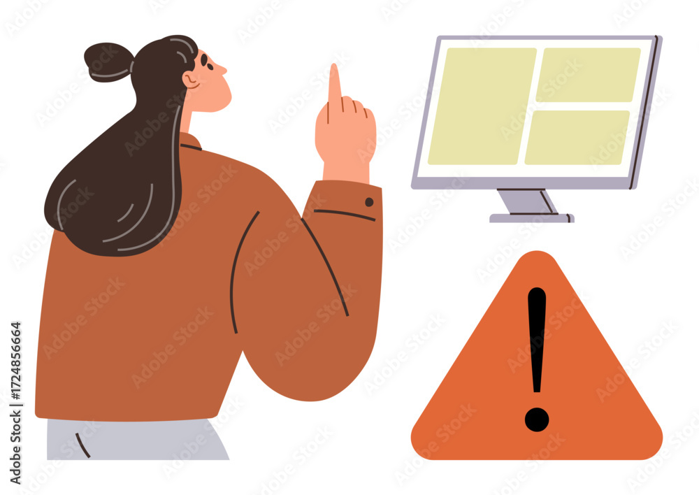 Poster woman looking at monitor with highlighted interface elements and orange warning triangle. ideal for 