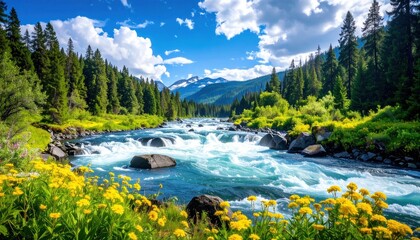A vibrant river rushes through a valley, framed by mountains and lush greenery under a bright blue sky with fluffy clouds