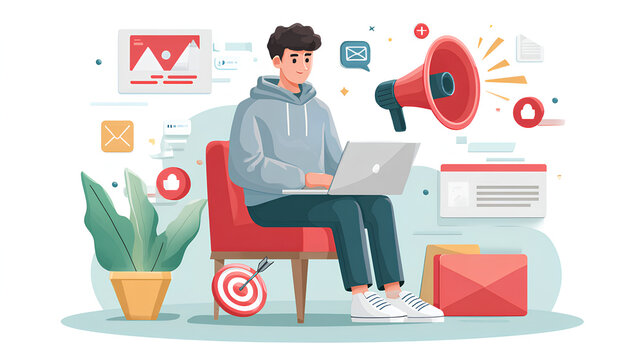 Digital marketing strategy. Announce promotions and campaigns via email and social media. Marketer using laptop computer to manage targeted advertising.