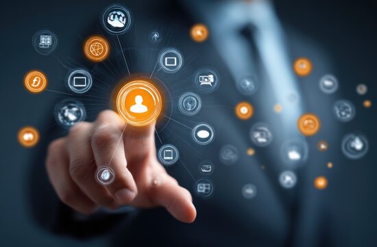 Hand touches orange icon within a network of interconnected symbols, representing digital interactions, connectivity, and modern communication
