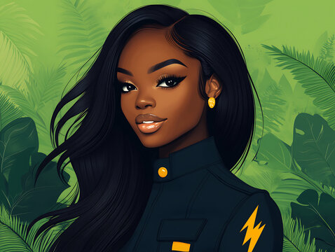 Stylized Digital Illustration of Elegant Black Woman: Flowing Hair, Bold Makeup, Dark Blue Jacket on Vibrant Green Background