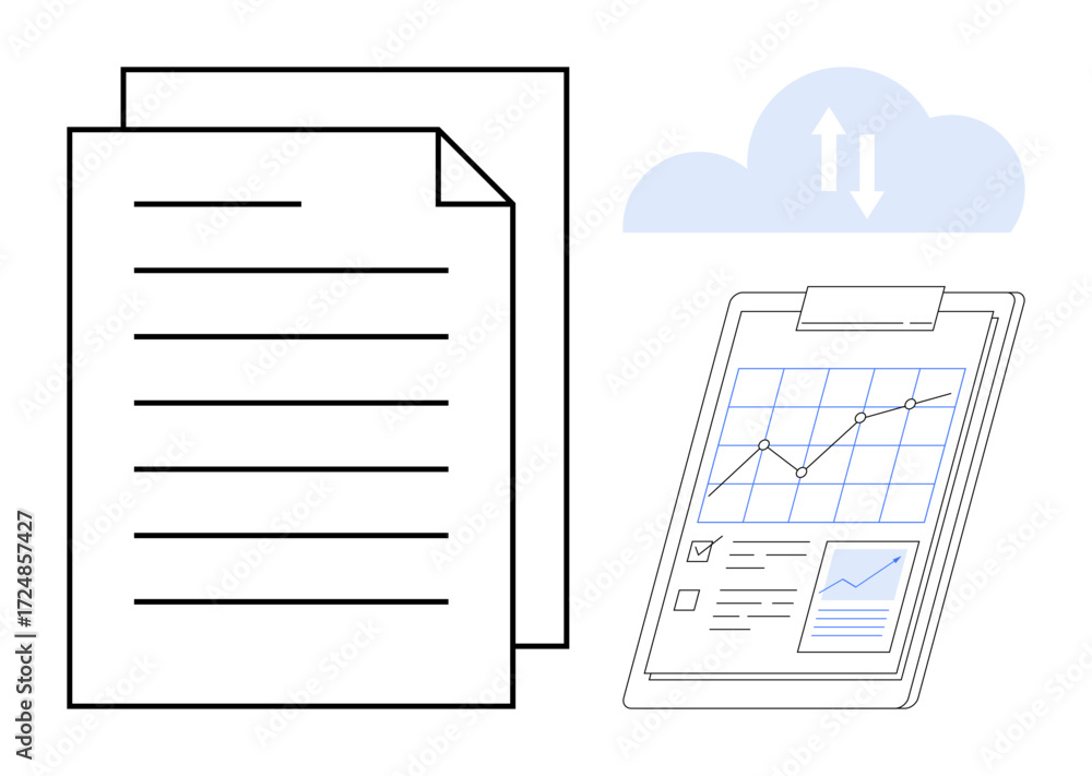 Aufkleber documents, clipboard with graphs and charts, and cloud transfer arrows. ideal for data sharing, clou