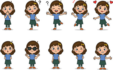 Cartoon girl character showing emotions, happy, sad, love, confused, surprised, playful, expressive poses, kids illustration, emotional expressions for design