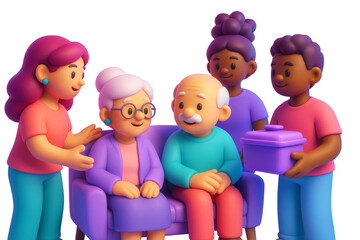 Group of diverse cartoon family members smiling and interacting around elderly couple on sofa in colorful clean style, isolated white background. Ai generative