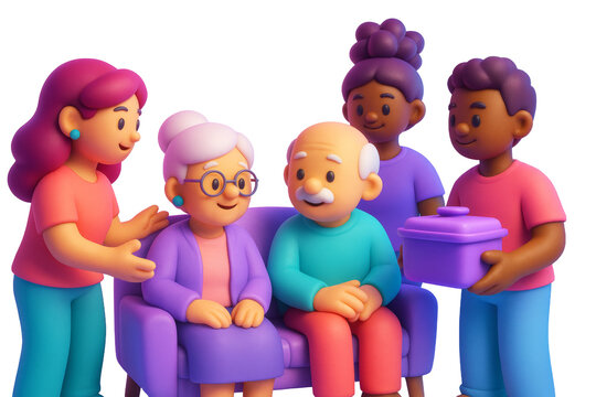 Group of diverse cartoon family members smiling and interacting around elderly couple on sofa in colorful clean style, isolated white background. Ai generative - Powered by Adobe