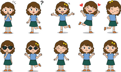 Cute cartoon girl showing different emotions, happy, sad, surprised, confused, love, funny expressions, character illustration, emotional poses for kids design