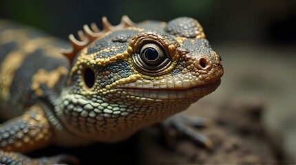 Spiny lizard head with intricate scales and a large, detailed eye in a macro view.