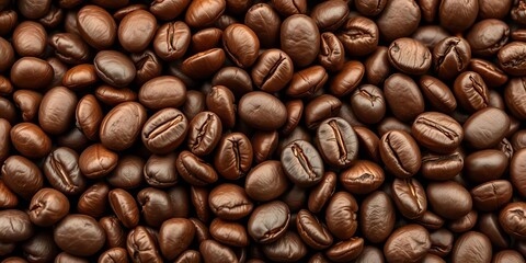 Obraz premium Close-up of roasted coffee beans, rich brown tones, showing texture and detail, close-up, template