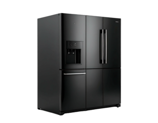 Sleek black refrigerator with water dispenser