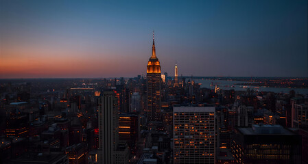 Night cityscape featuring the illuminated Empire State Building in New York City against a twilight sky.