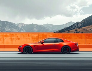 Sleek red coupe speeds along a highway, orange barrier contrast, majestic mountains looming in the background under cloudy skies