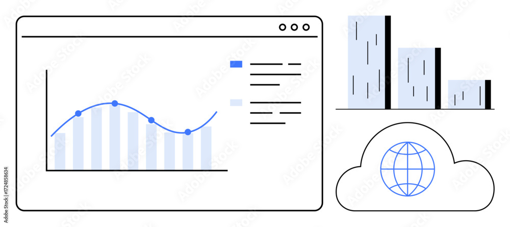 Aufkleber graph line chart with data points, vertical bar graph, cloud with globe icon. ideal for data analysi