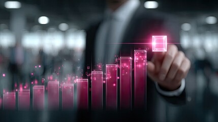 Blurred Businessman Interacting with Glowing Pink Chart Bars Displaying Growth and Progress in Cinematic HDR Style