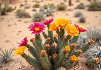Blooming Cactus with Pink and Yellow Flowers