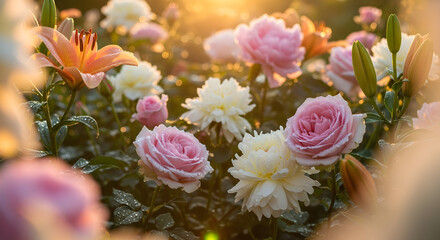Obraz premium roses, garden, floral, blossoms, petals, beauty, nature, summer, spring, garden beds, flower arrangements, color palette, red roses, rose garden, bouquet, gardening, landscape, manicured garden, hedge