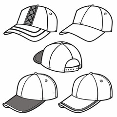 A collection of six stylish cap silhouettes showcasing different designs and angles, perfect for fashion and accessory illustrations
