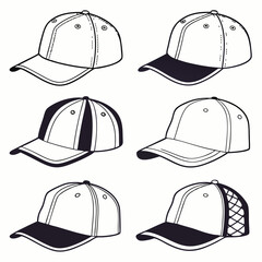 A collection of six stylish cap silhouettes showcasing different designs and angles, perfect for fashion and accessory illustrations