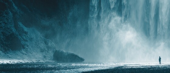 Panoramic vista of a powerful waterfall descending onto a dark beach, with a solitary figure standing against the mist in a teal-tinted landscape