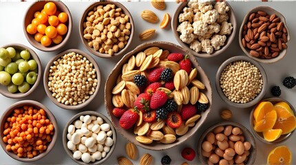 A vibrant assortment of fresh berries, nuts, and seeds in rustic ceramic bowls.