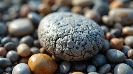 Close-up of Textured Grey Pebble Surrounded by Smooth, Varied Stones